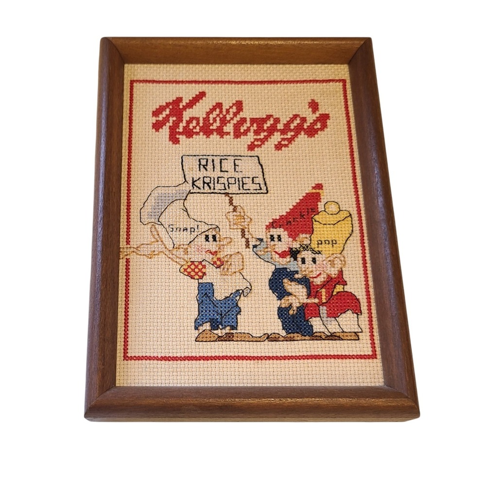 Kellogg's Rice Krispies Vintage Cross Stitched Framed Picture 1980s 5.75" x7.75"
